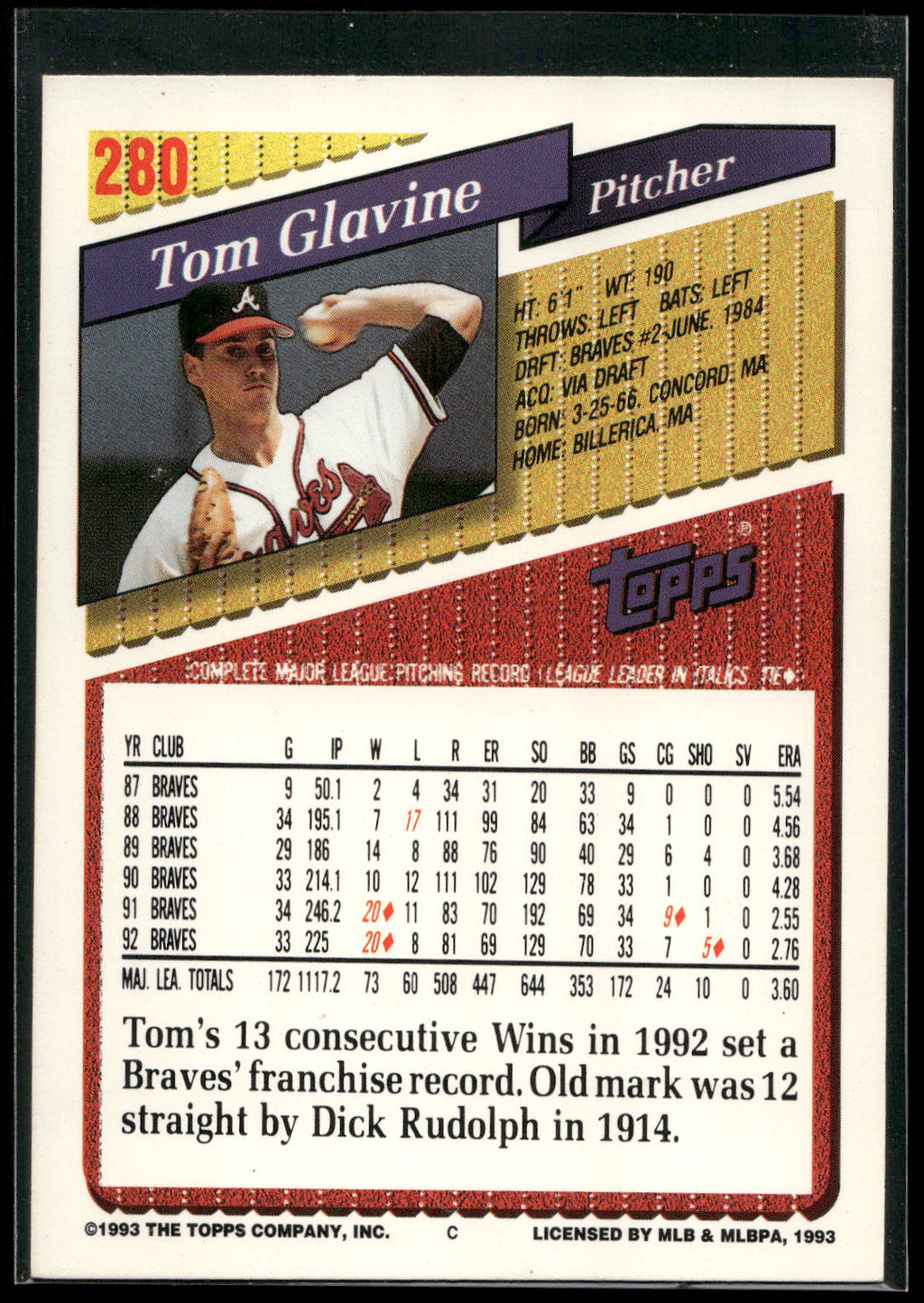 1993 Topps #280 Tom Glavine