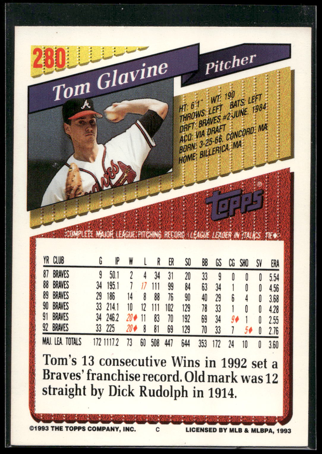 1993 Topps #280 Tom Glavine