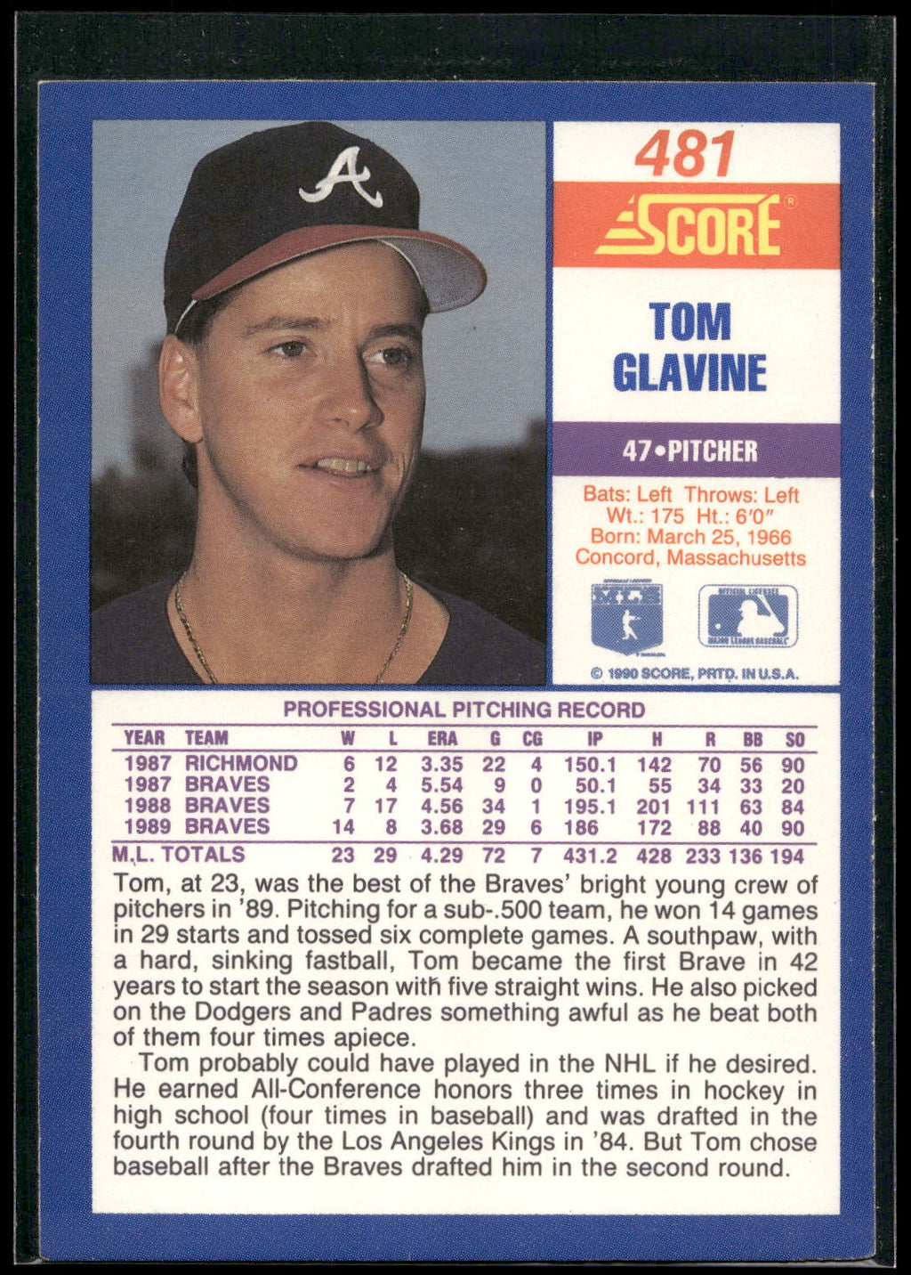 1990 Score #481 Tom Glavine