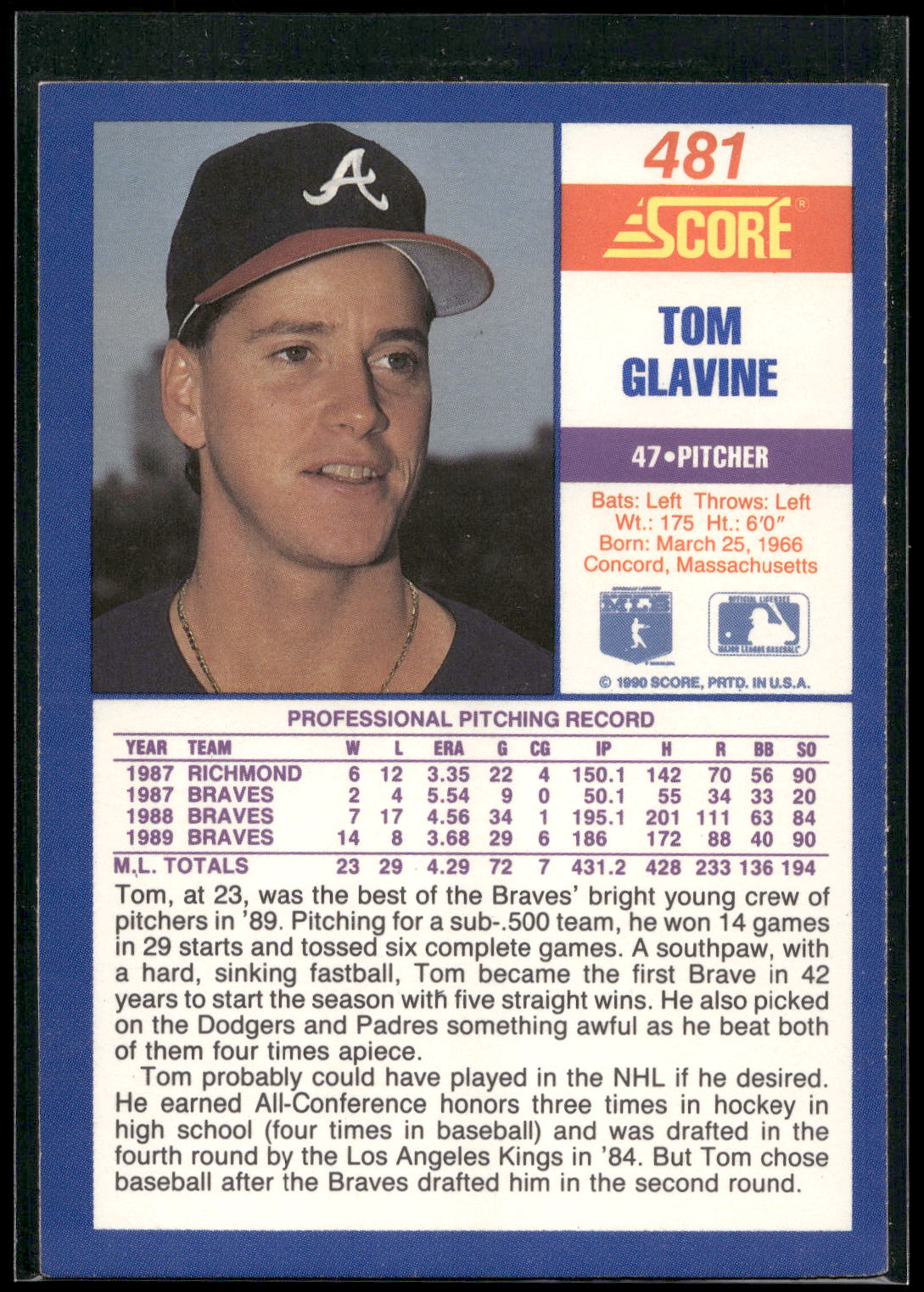 1990 Score #481 Tom Glavine