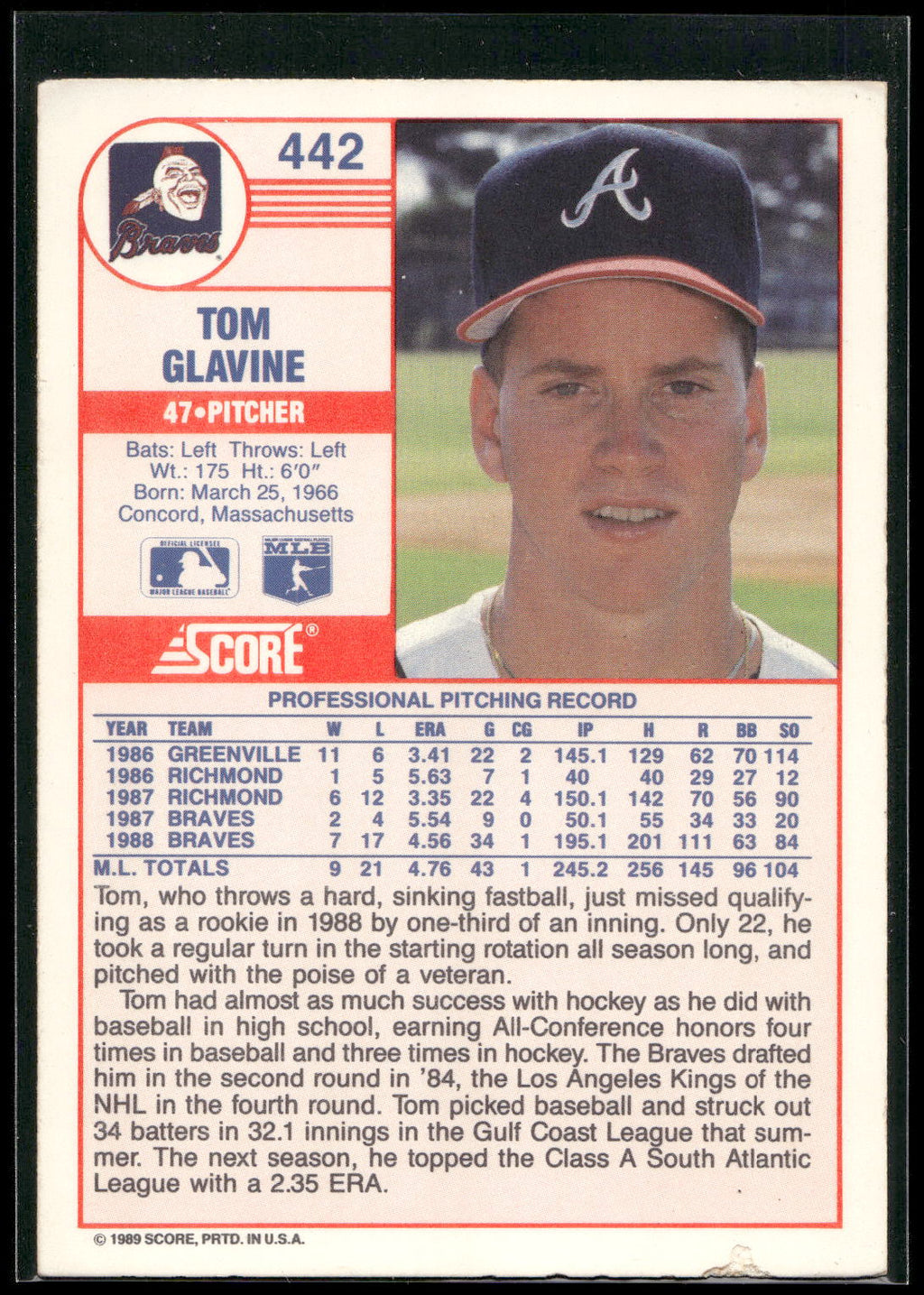 1989 Score #442 Tom Glavine