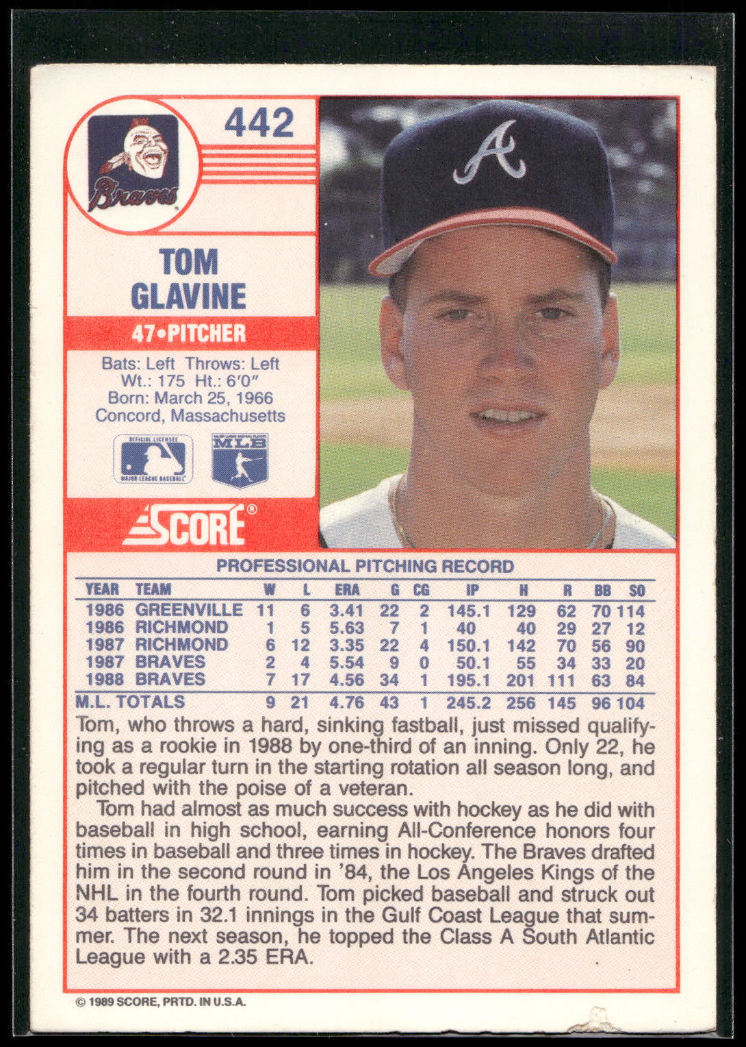 1989 Score #442 Tom Glavine