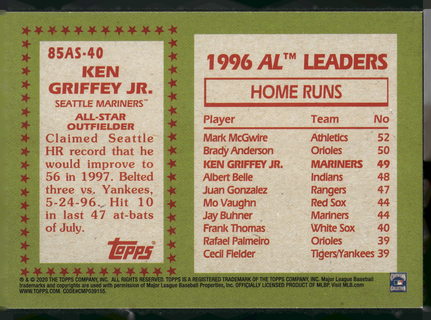 2020 Topps #85AS-40 Ken Griffey Jr. 1985 Topps Baseball 35th