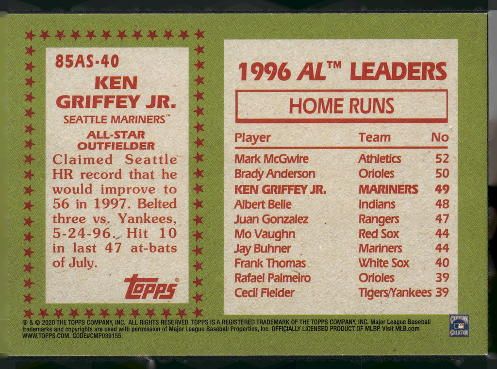 2020 Topps #85AS-40 Ken Griffey Jr. 1985 Topps Baseball 35th