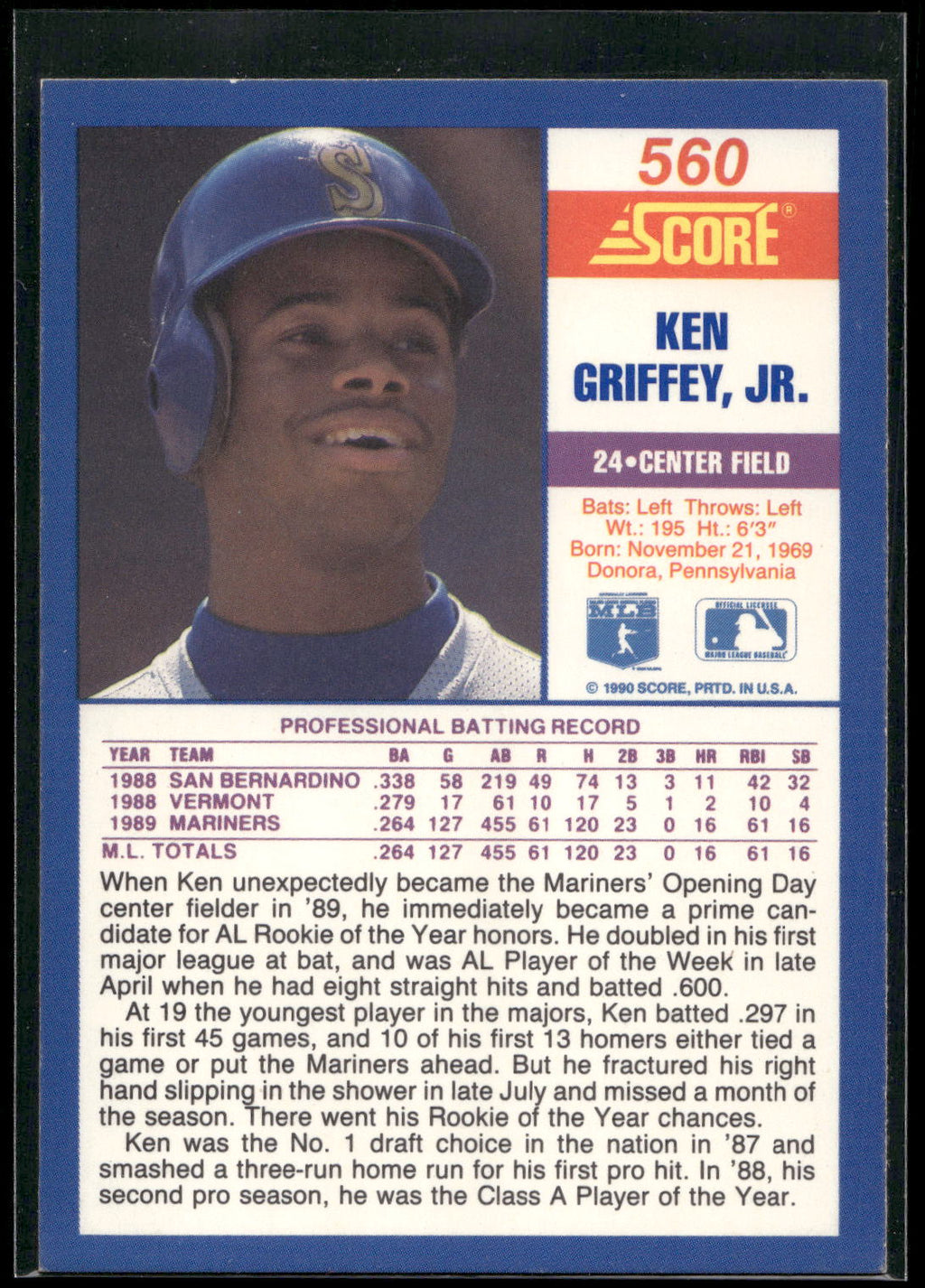 1990 Score #560 Ken Griffey, Jr.