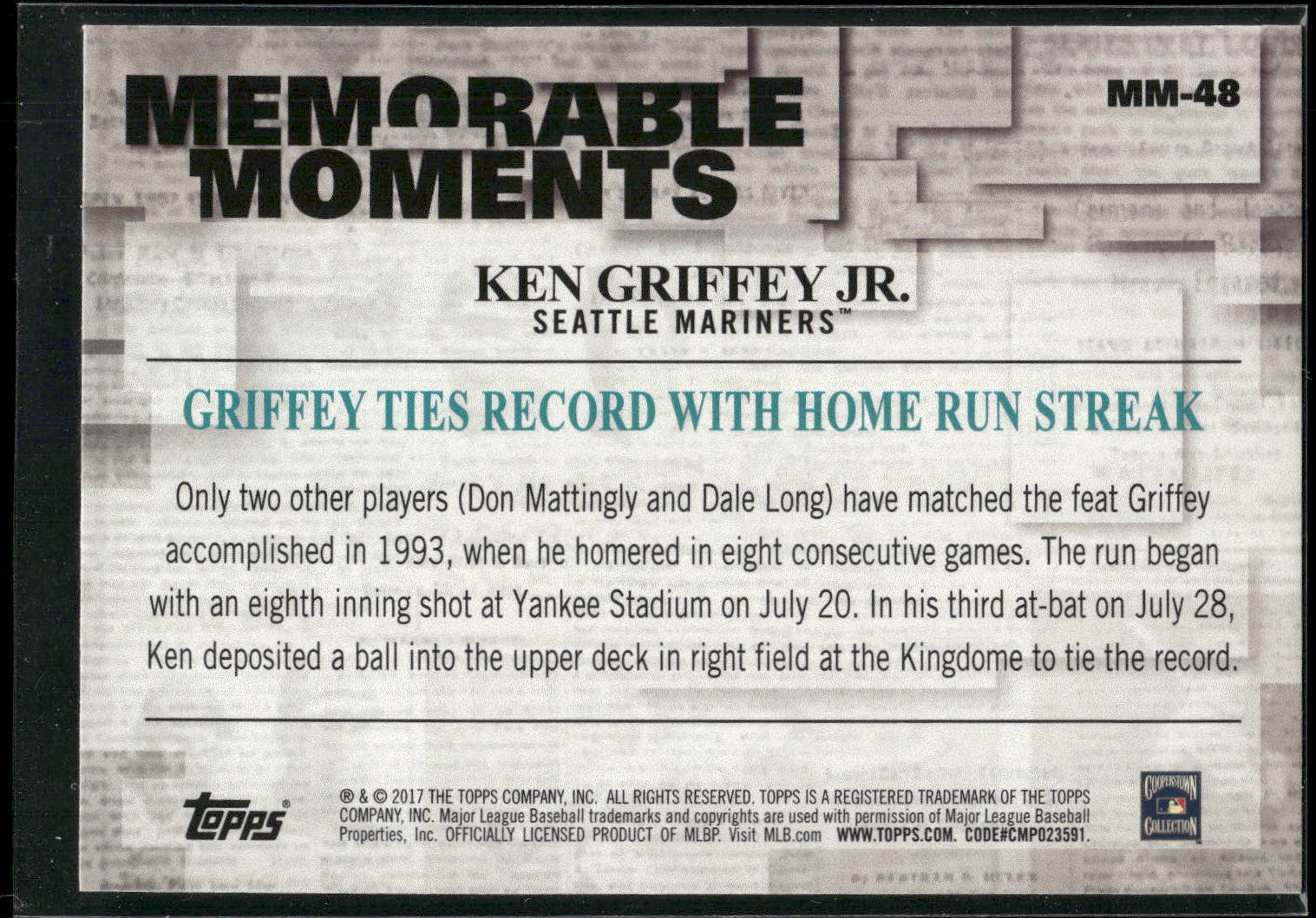 2017 Topps #MM-48 Ken Griffey Jr. Memorable Moments