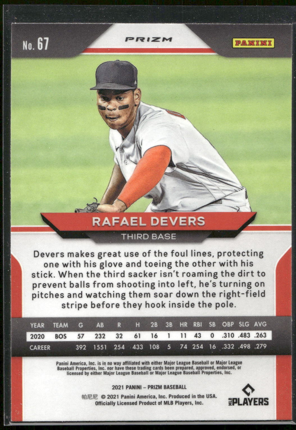 2021 Panini Prizm #67 Rafael Devers Red/White/Blue Prizm