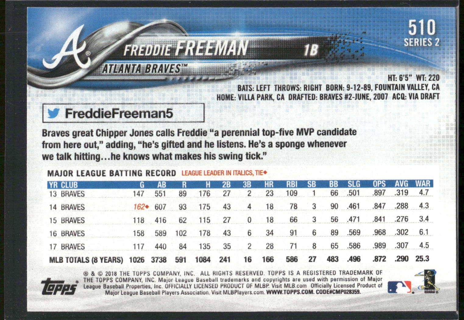 2018 Topps #510 Freddie Freeman