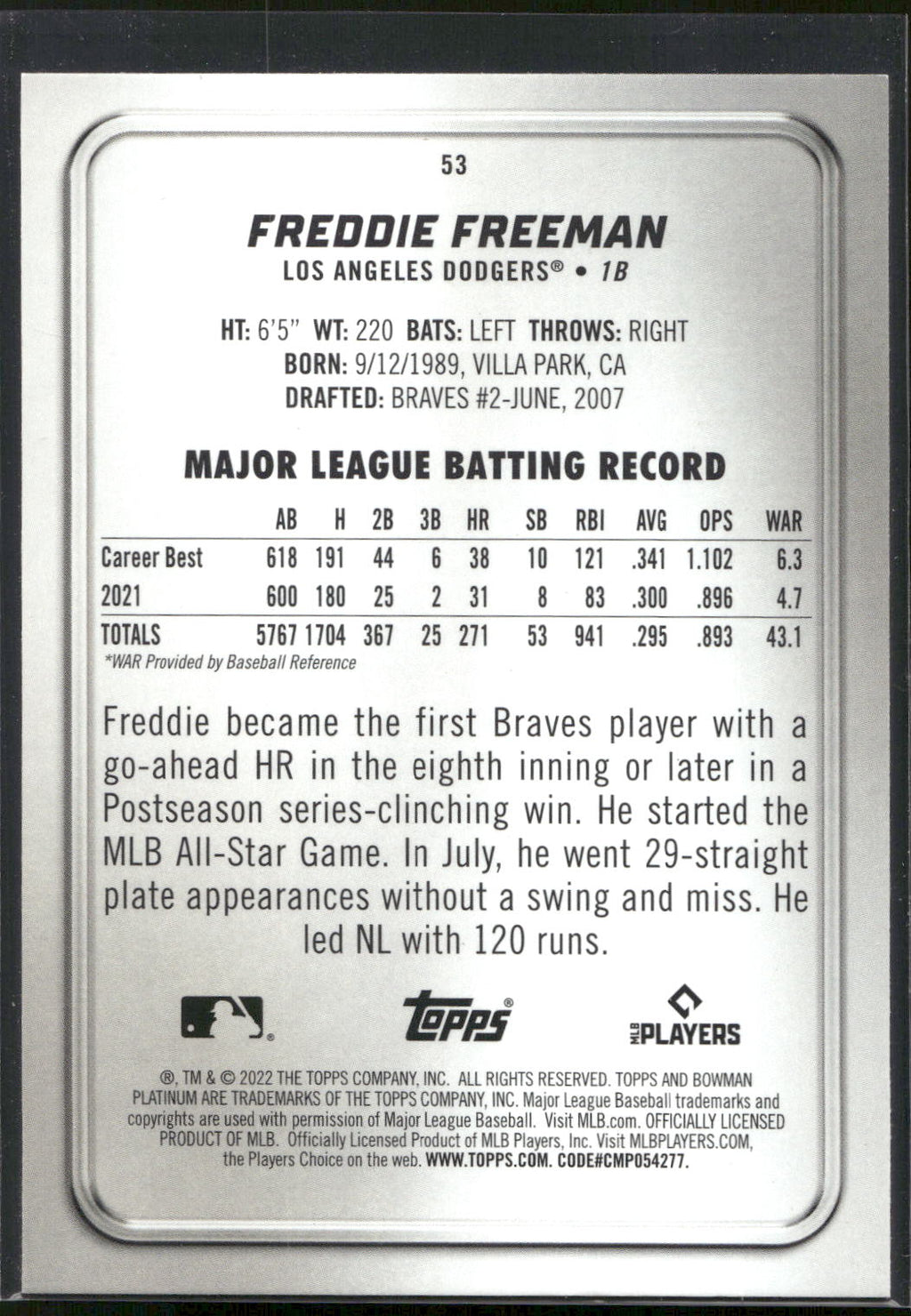 2022 Bowman Platinum #53 Freddie Freeman