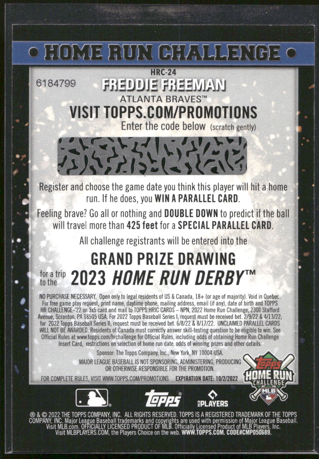 2022 Topps #HRC-24 Freddie Freeman Home Run Challenge Code Cards (Series One)