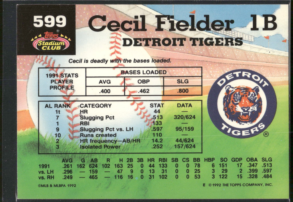 1992 Stadium Club #599 Cecil Fielder