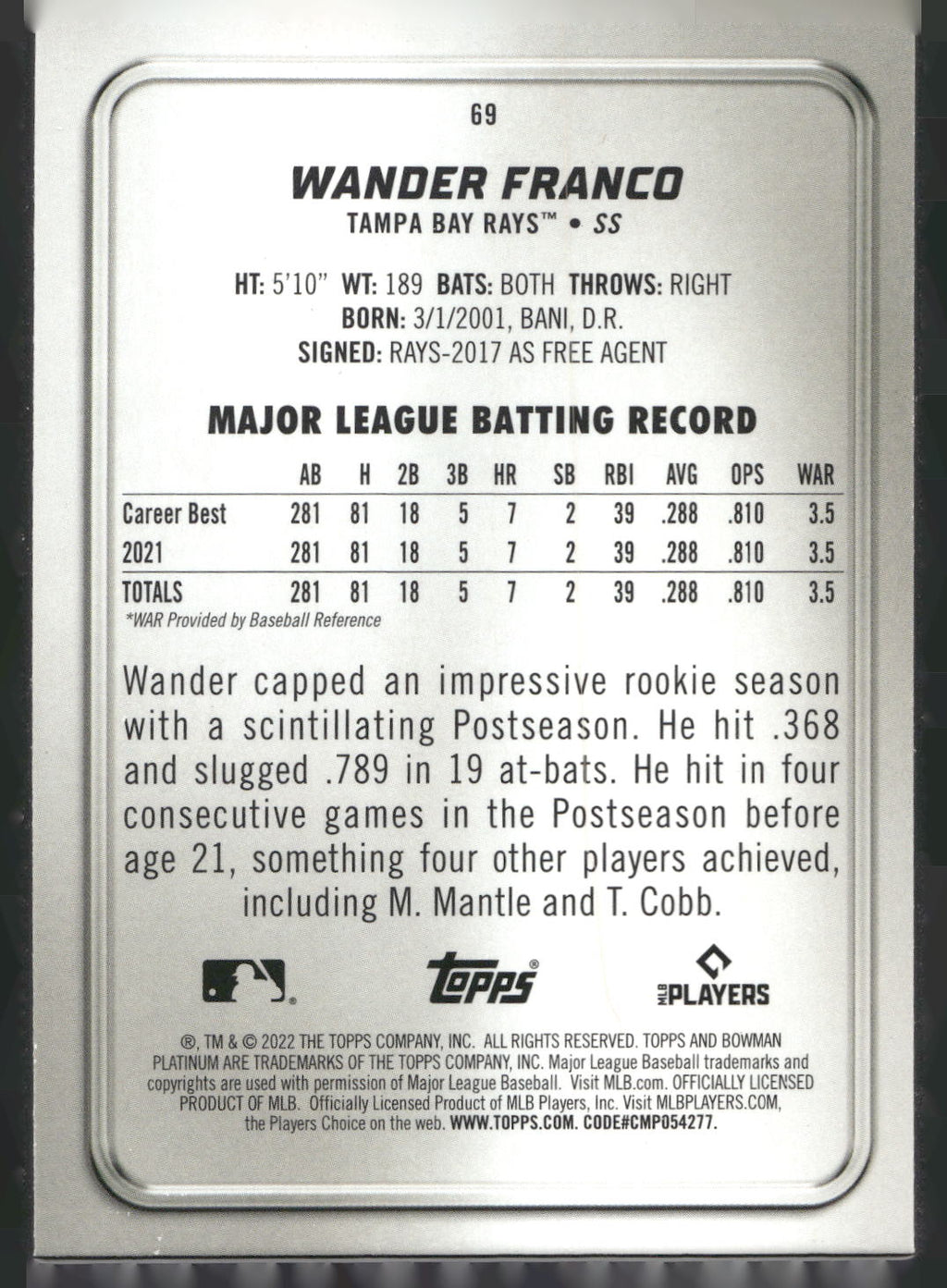 2022 Bowman Platinum #69 Wander Franco