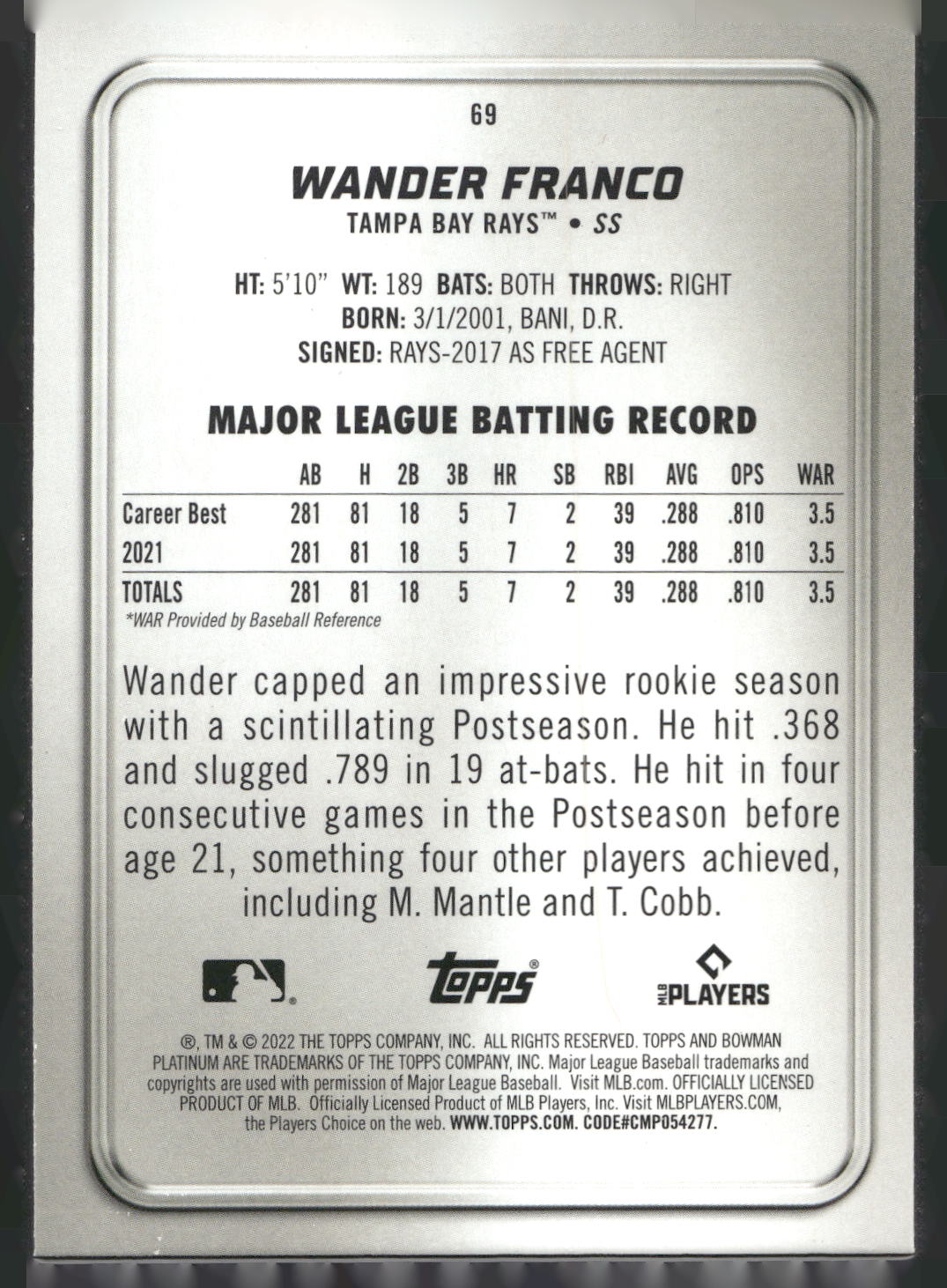 2022 Bowman Platinum #69 Wander Franco