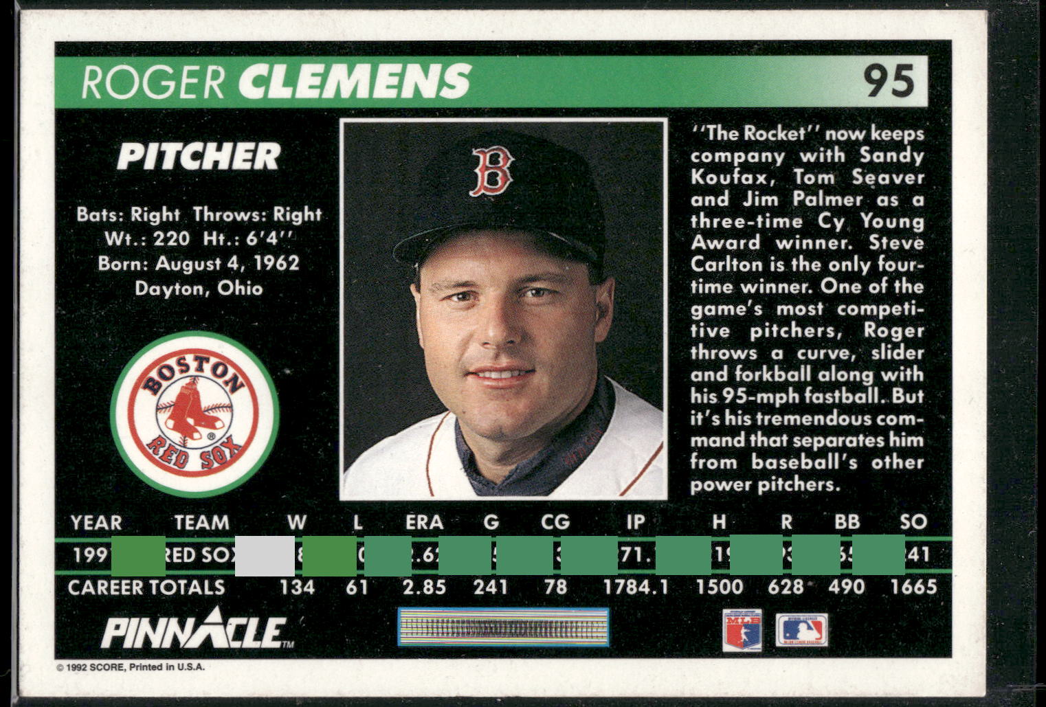 1992 Pinnacle #95 Roger Clemens
