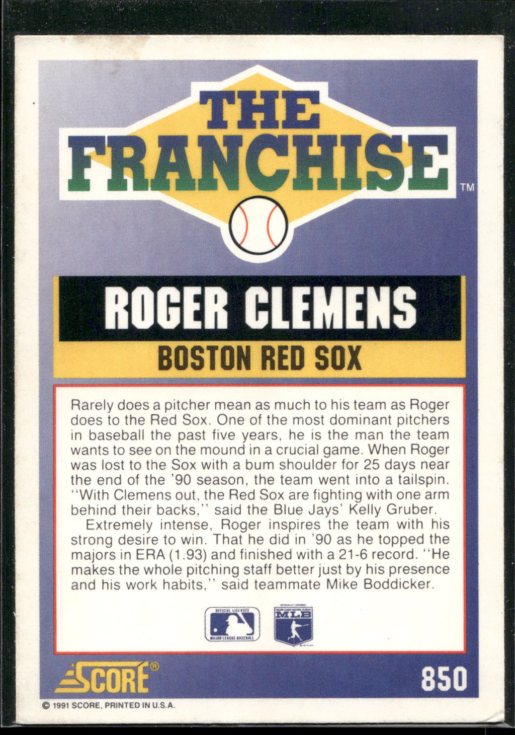 1991 Score #850 Roger Clemens