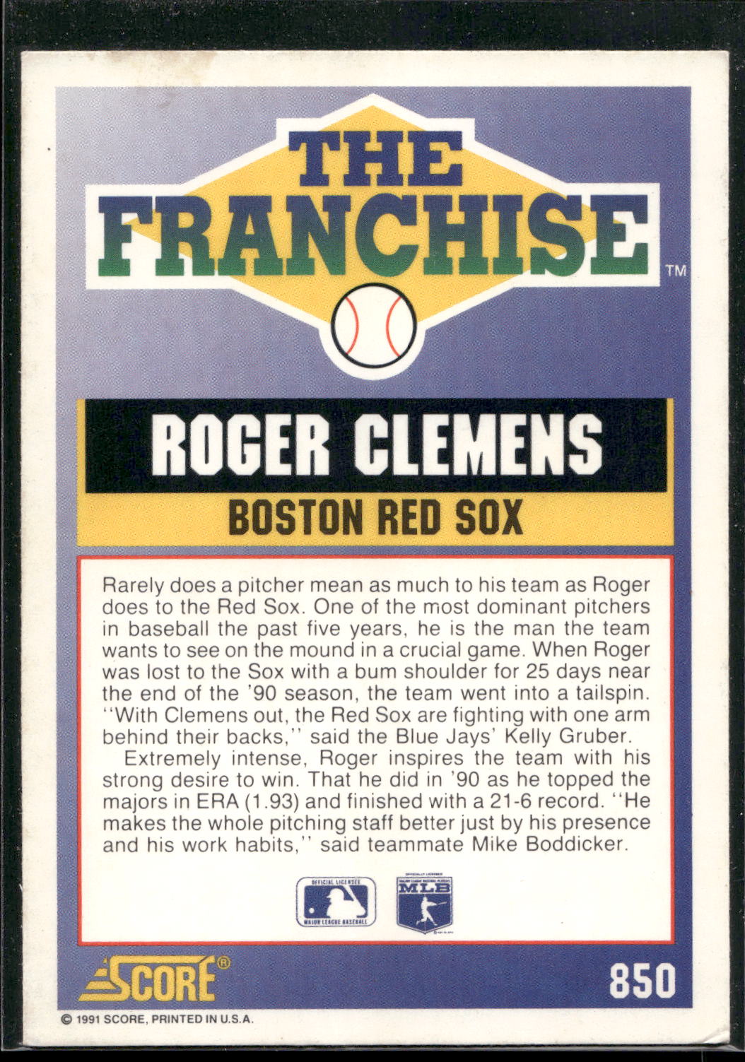 1991 Score #850 Roger Clemens