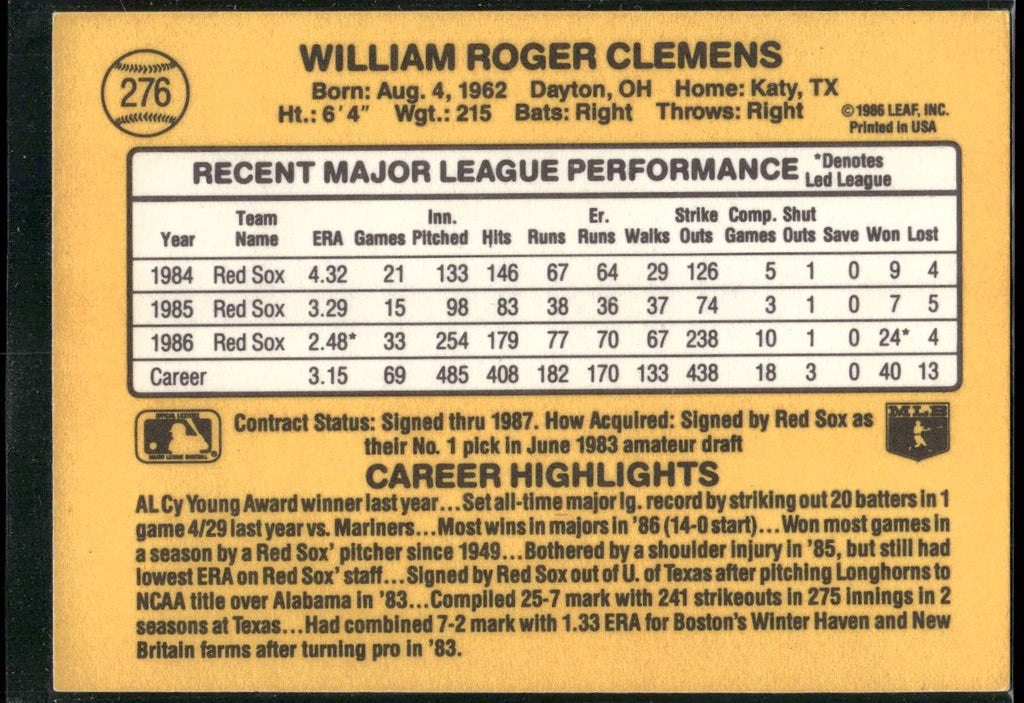1987 Donruss #276 Roger Clemens