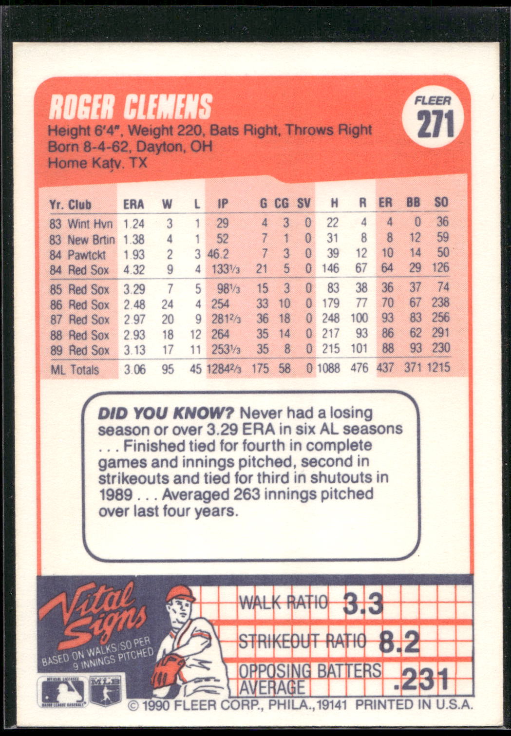 1990 Fleer #271 Roger Clemens