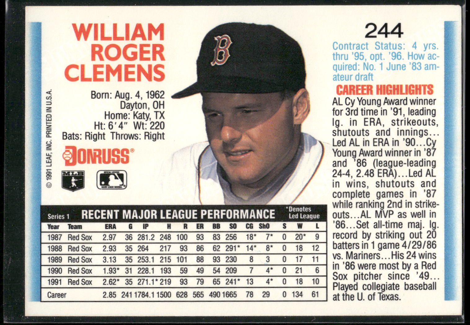 1992 Donruss #244 Roger Clemens