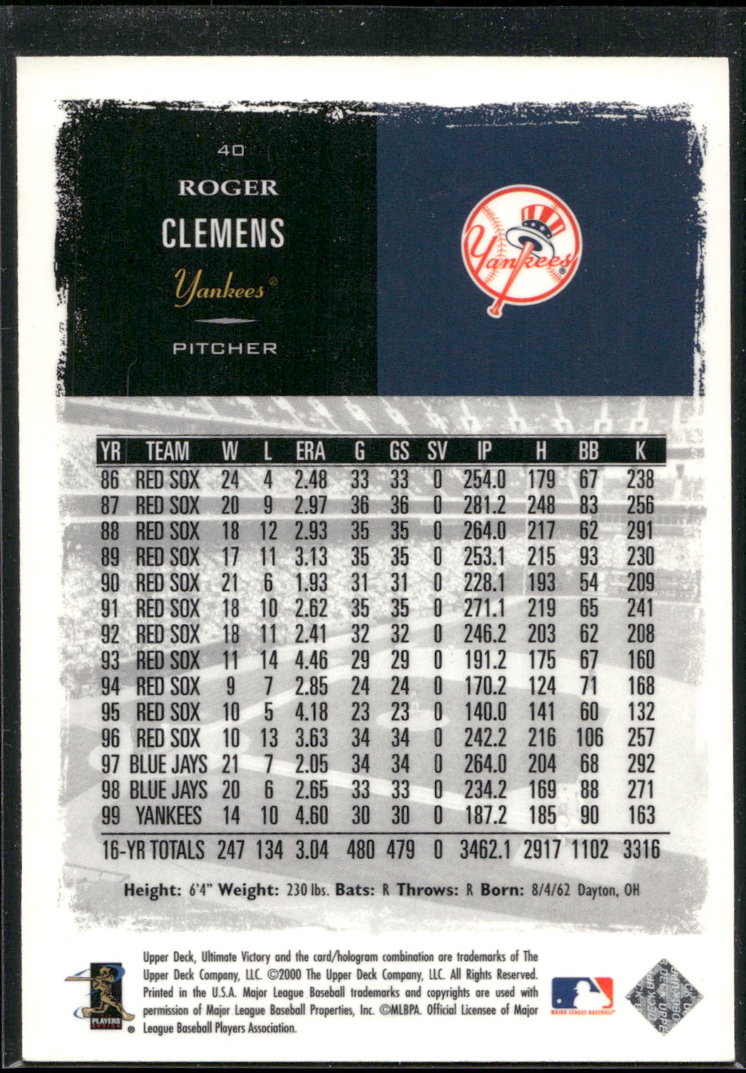 2000 Upper Deck Ultimate Victory #40 Roger Clemens