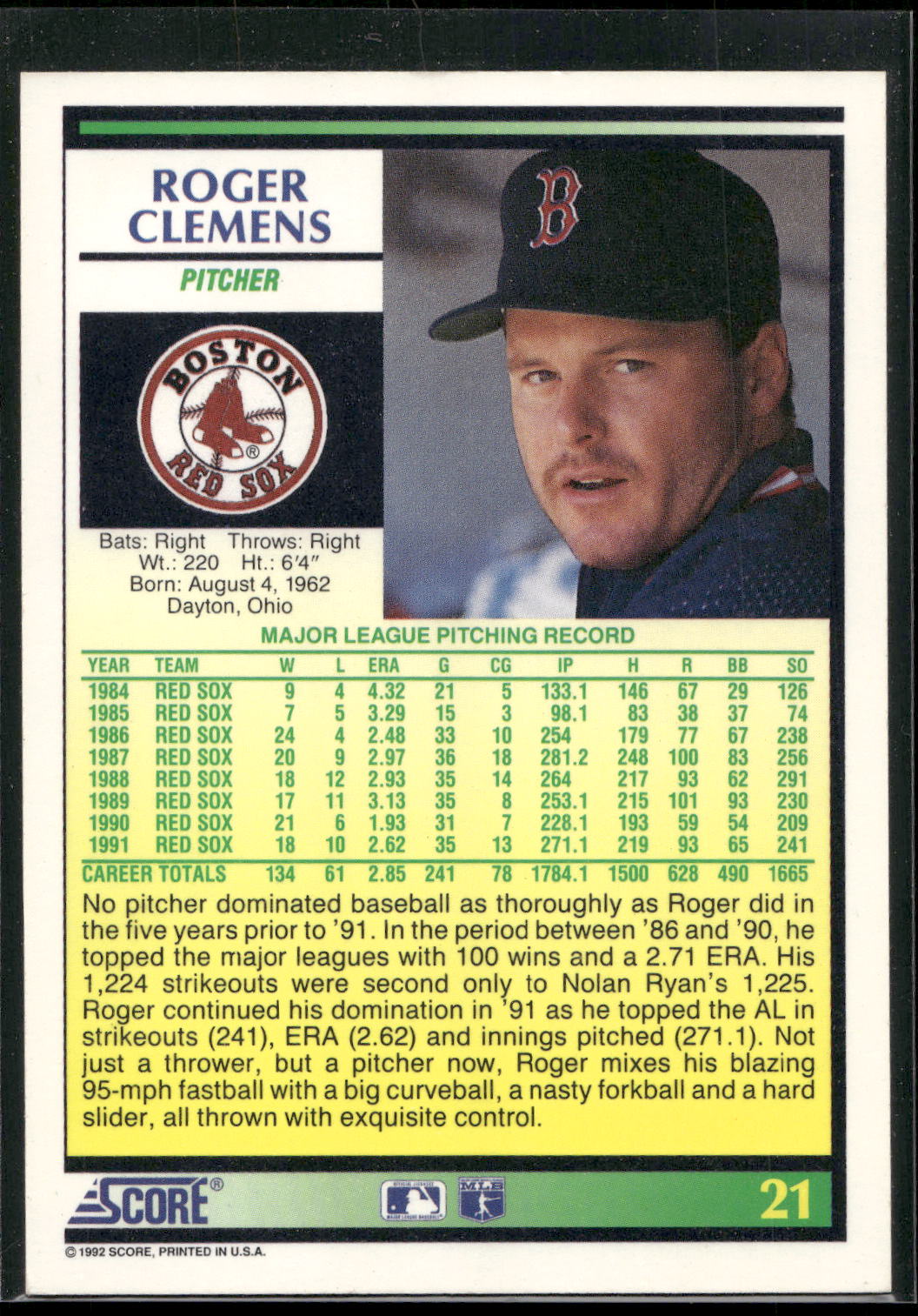 1992 Score #21 Roger Clemens