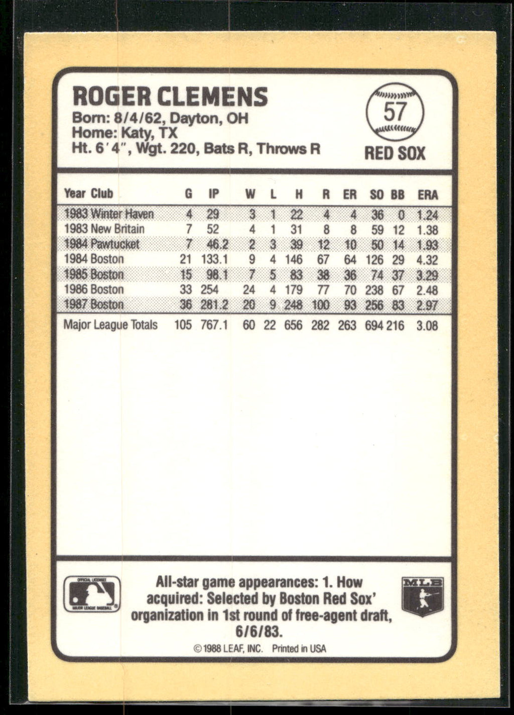 1988 Donruss Baseball's Best #57 Roger Clemens