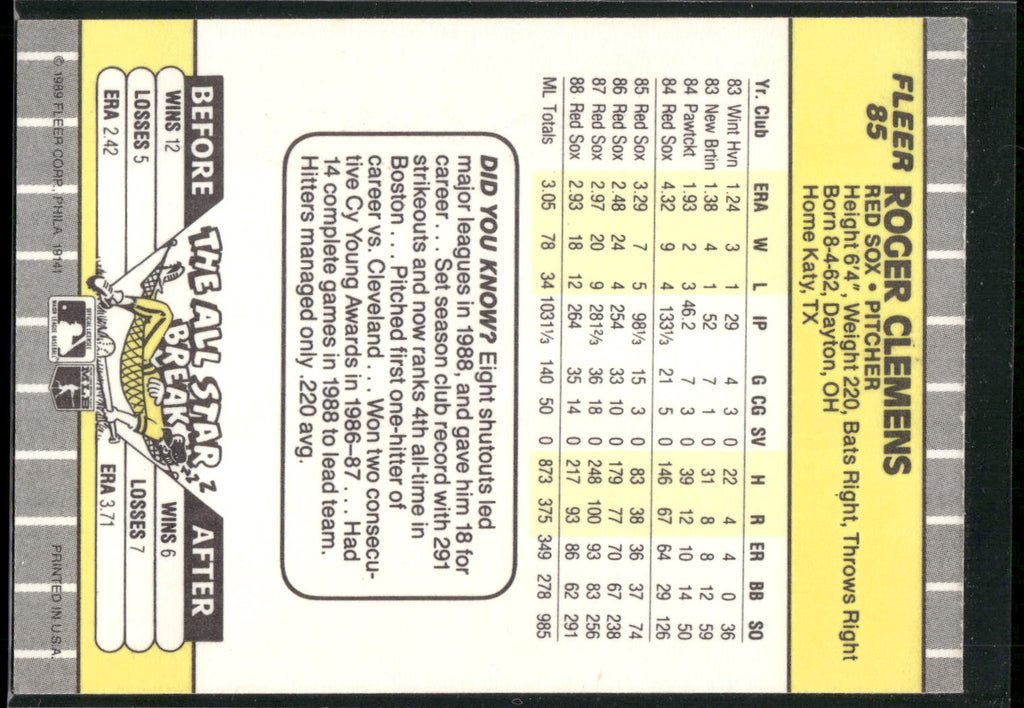 1989 Fleer #85 Roger Clemens