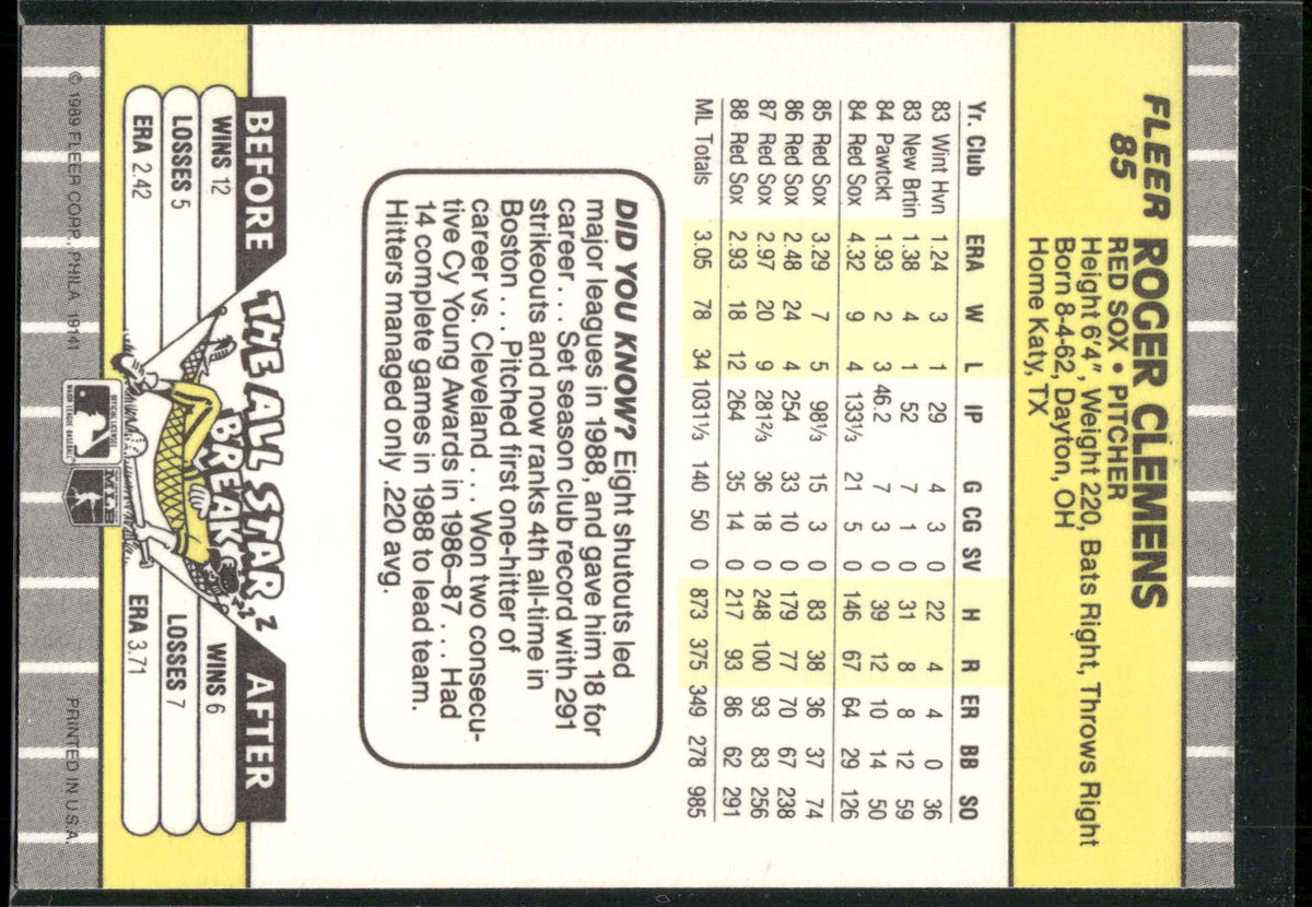 1989 Fleer #85 Roger Clemens