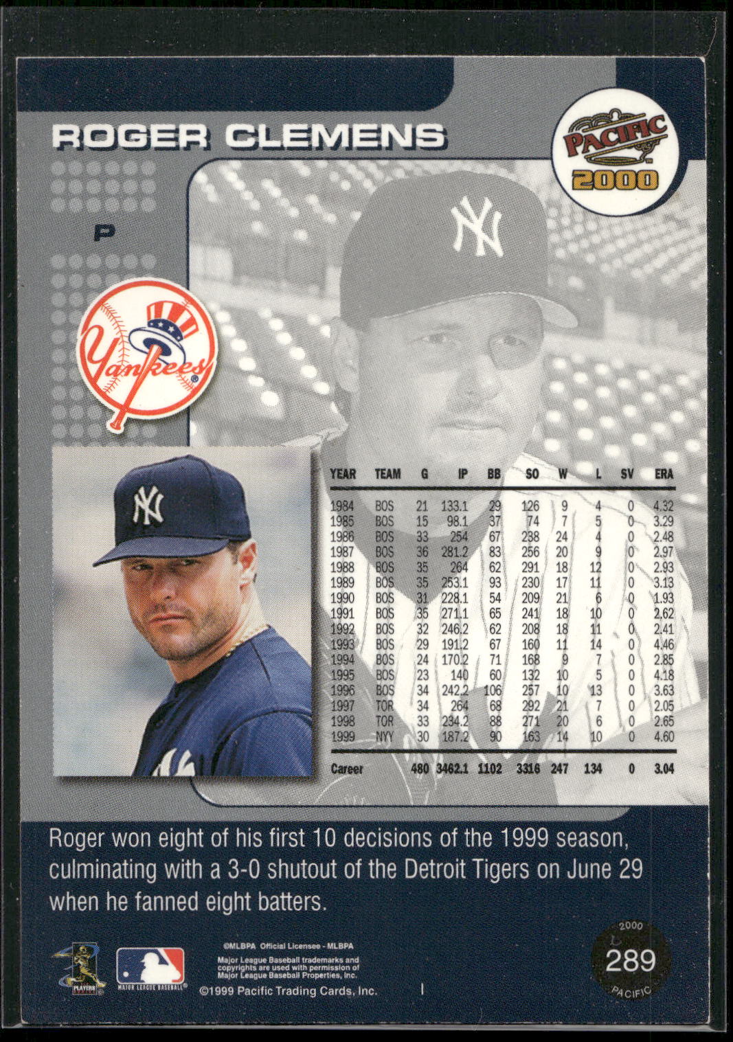 2000 Pacific #289b Roger Clemens