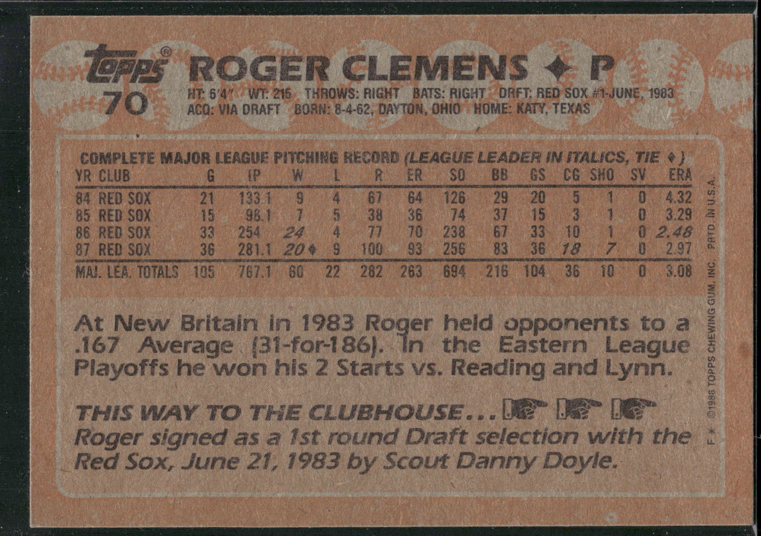 1988 Topps #70 Roger Clemens