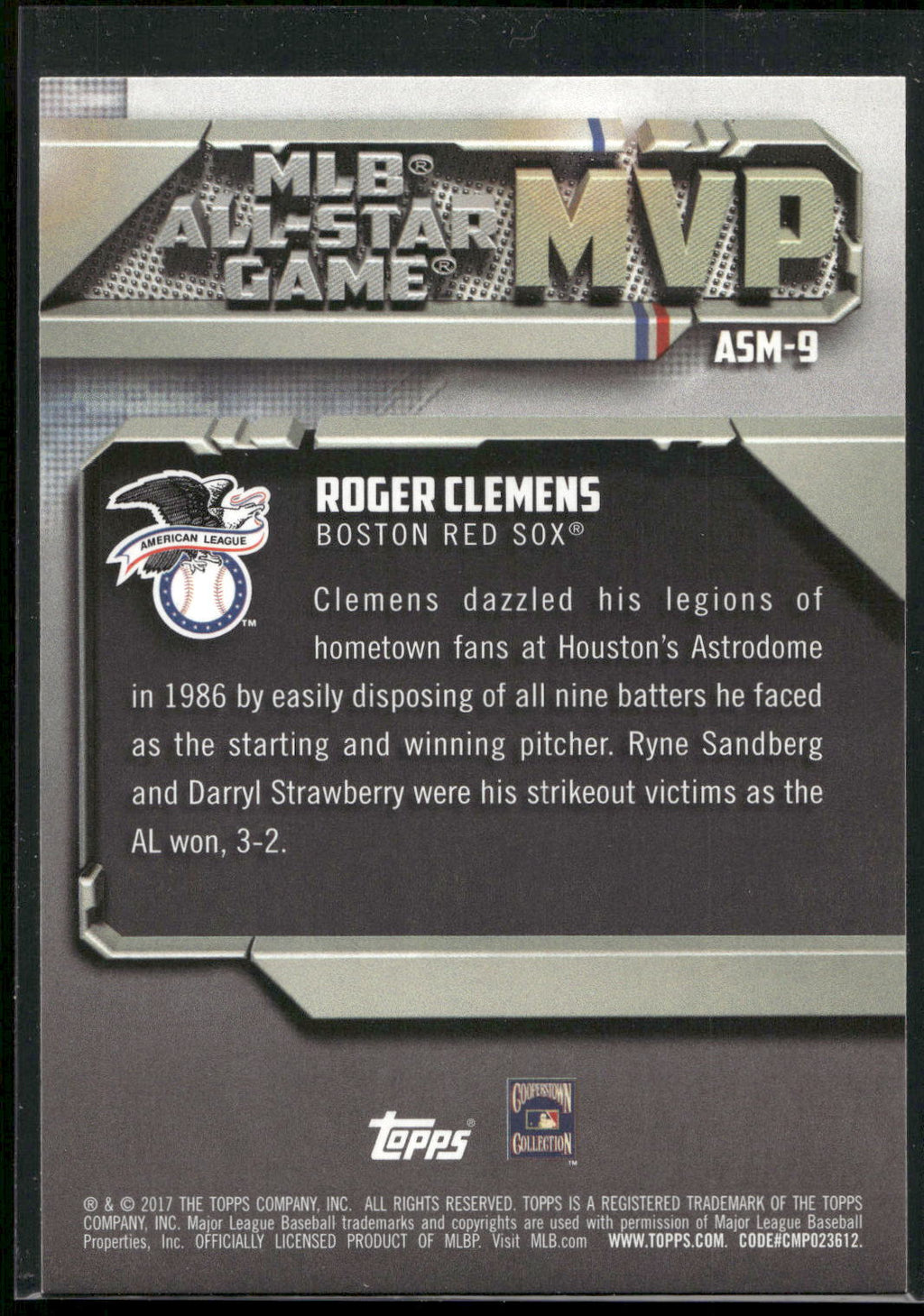 2017 Topps #ASM-9 Roger Clemens All-Star Game MVP