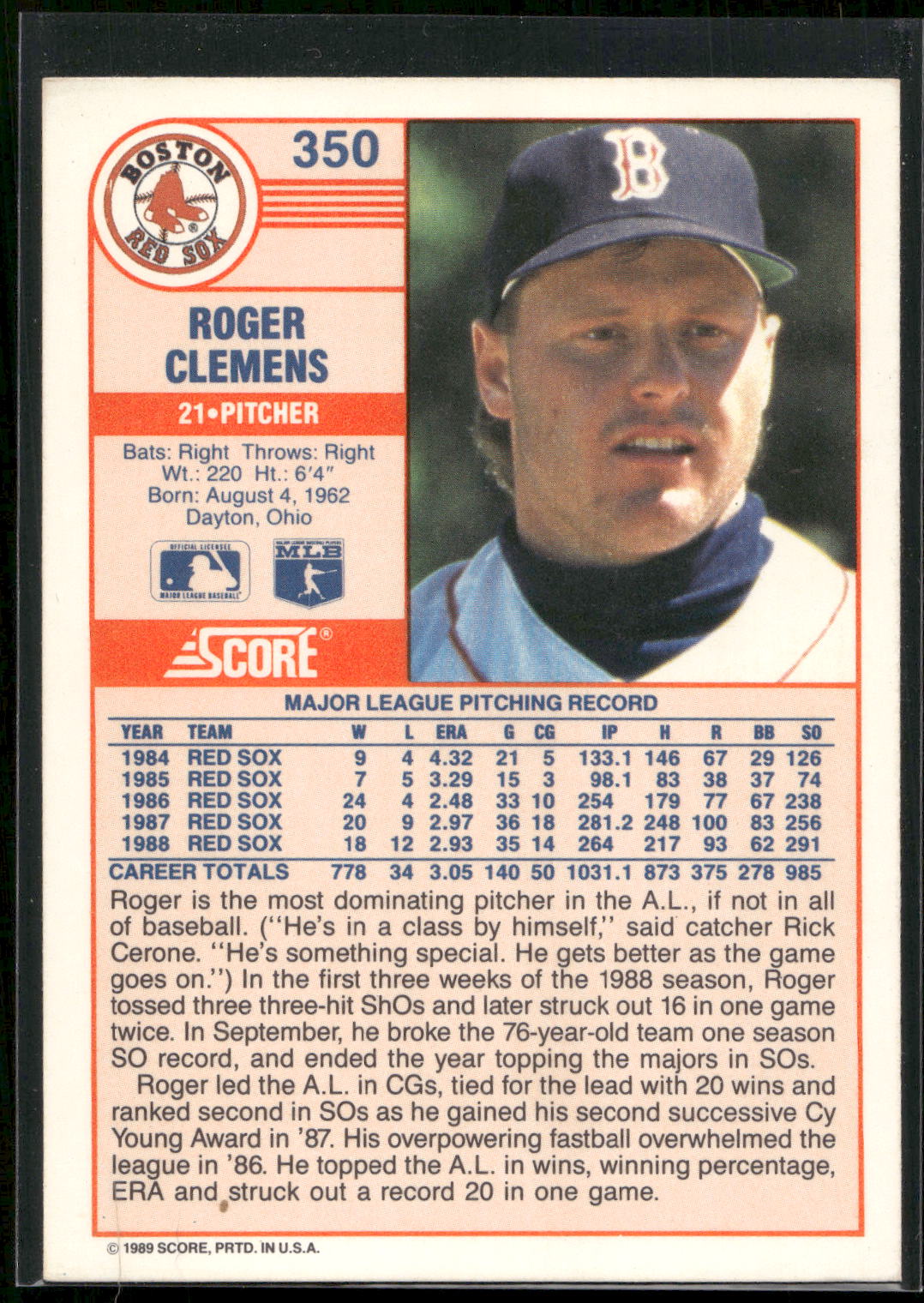 1989 Score #350a Roger Clemens