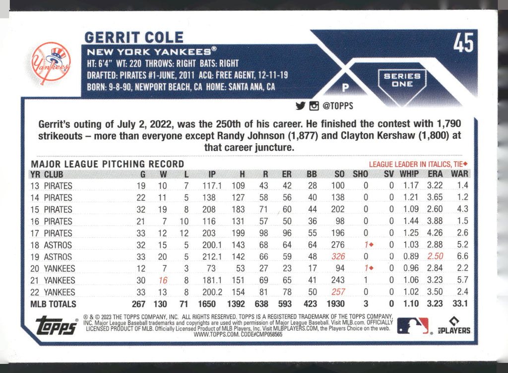 2023 Topps #45 Gerrit Cole