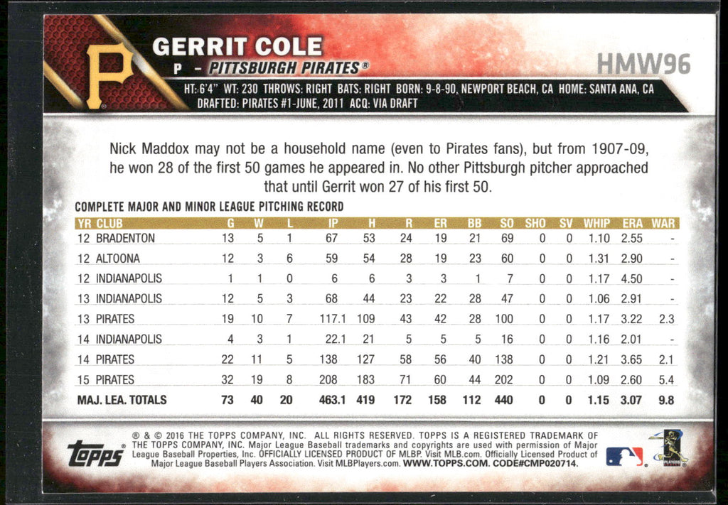 2016 Topps Holiday #HMW96 Gerrit Cole