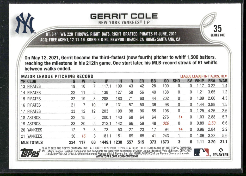 2022 Topps #35 Gerrit Cole