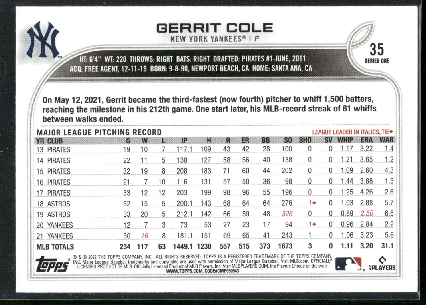 2022 Topps #35 Gerrit Cole