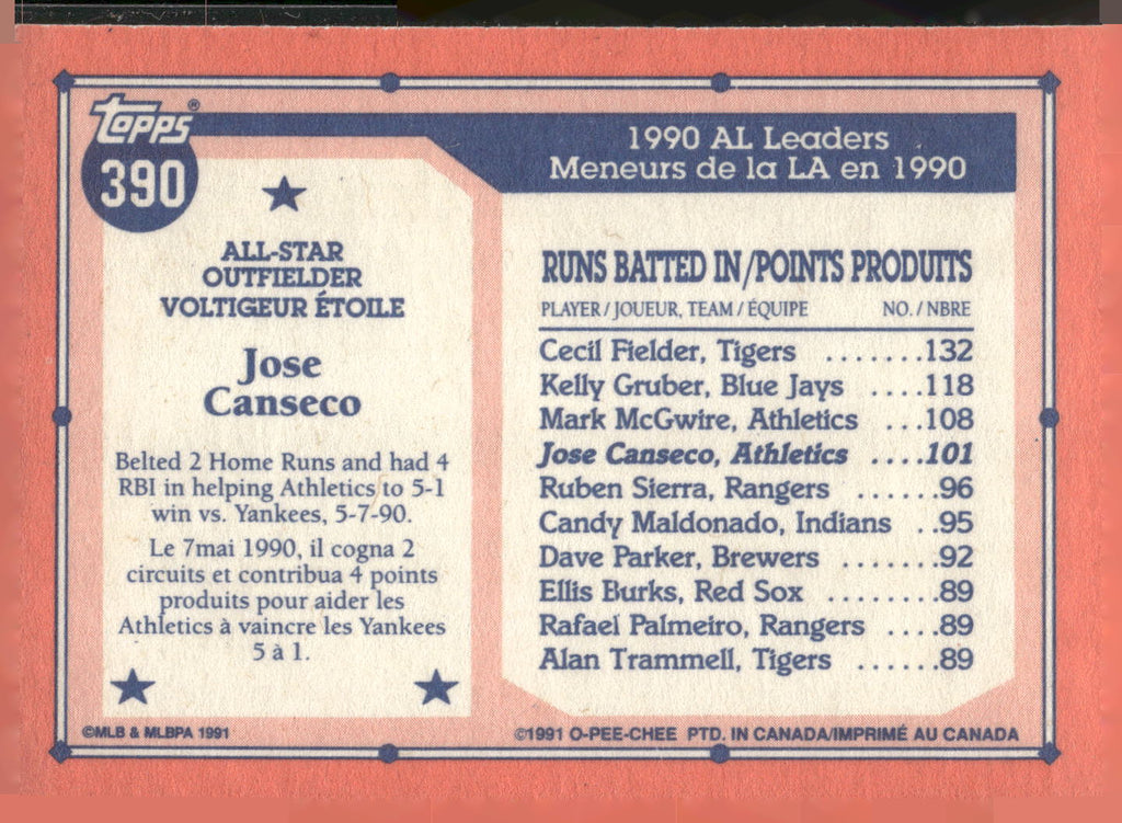 1991 Topps #390 Jose Canseco