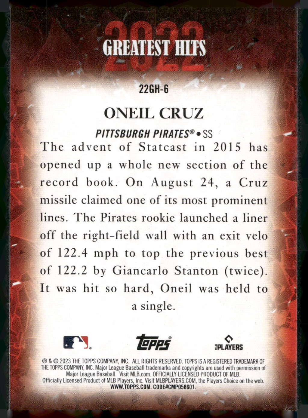 2023 Topps #22GH-6 Oneil Cruz 2022 Greatest Hits