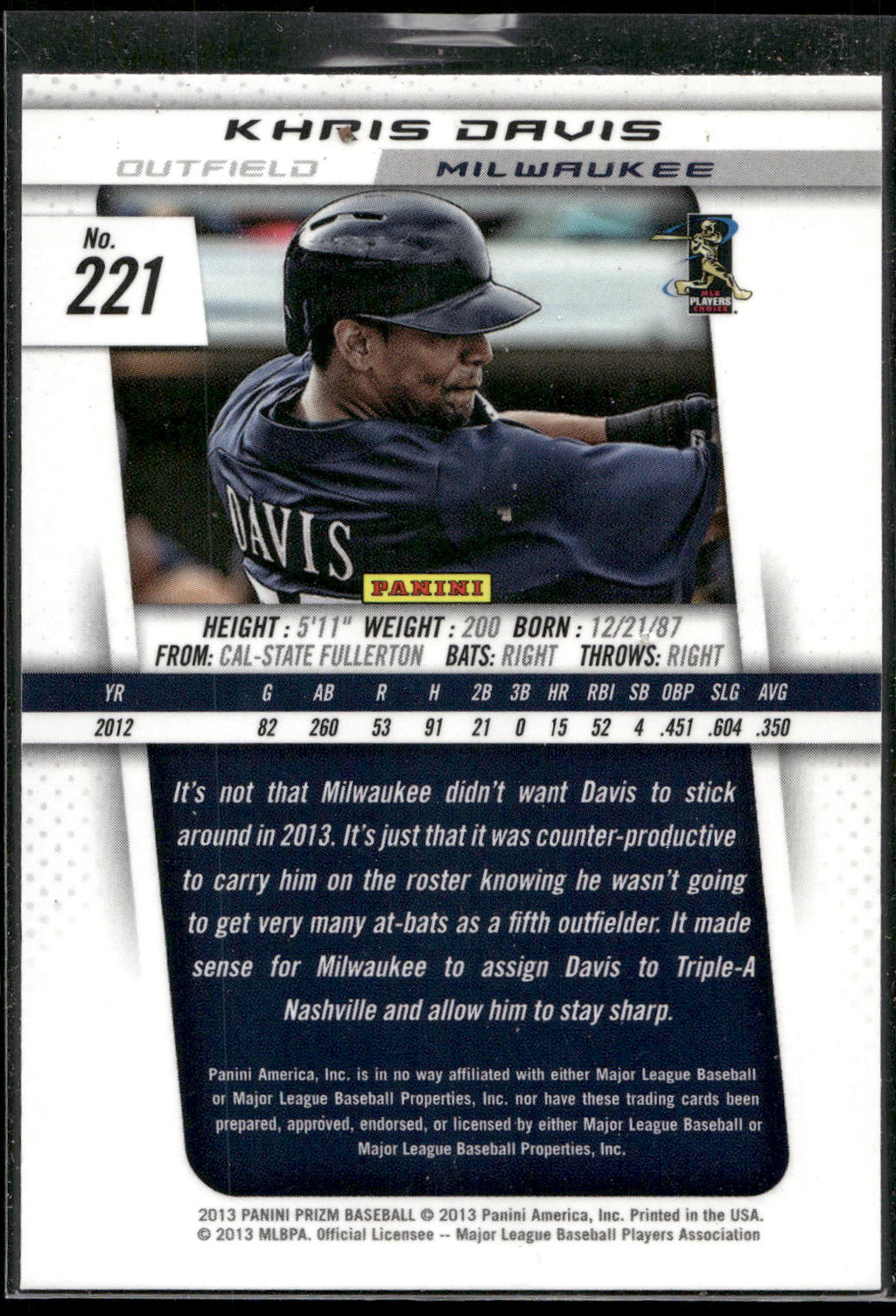 2013 Panini Prizm #221 Khris Davis