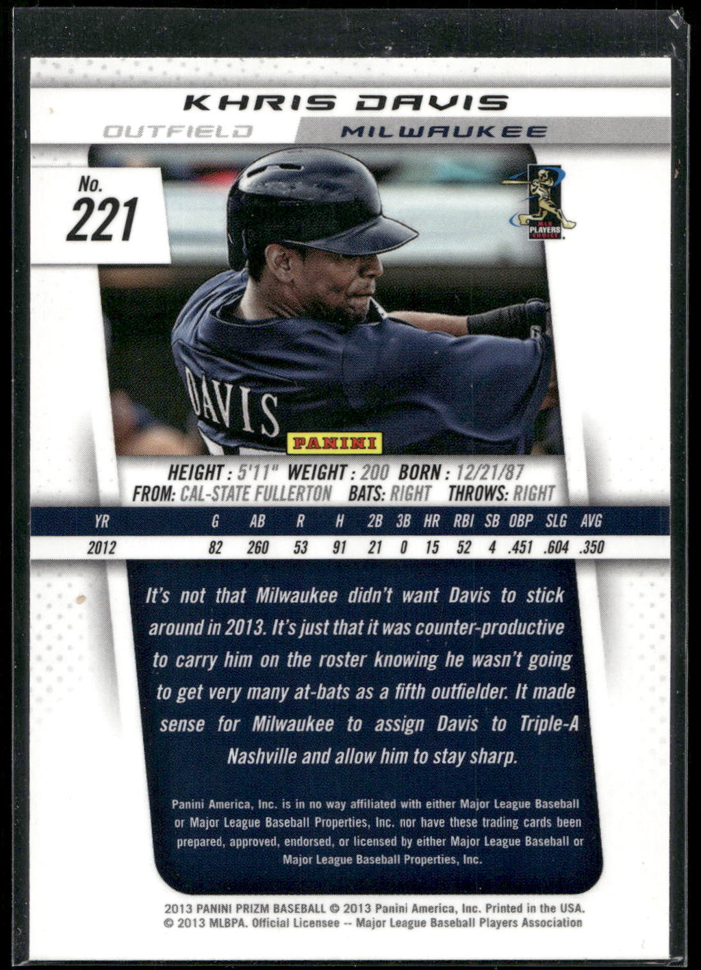 2013 Panini Prizm #221 Khris Davis