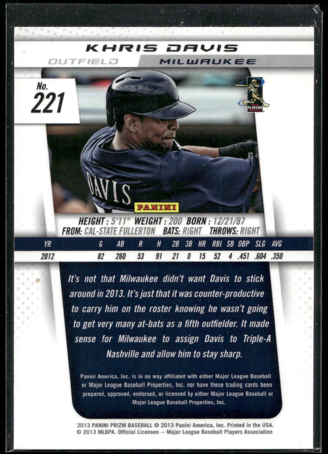 2013 Panini Prizm #221 Khris Davis