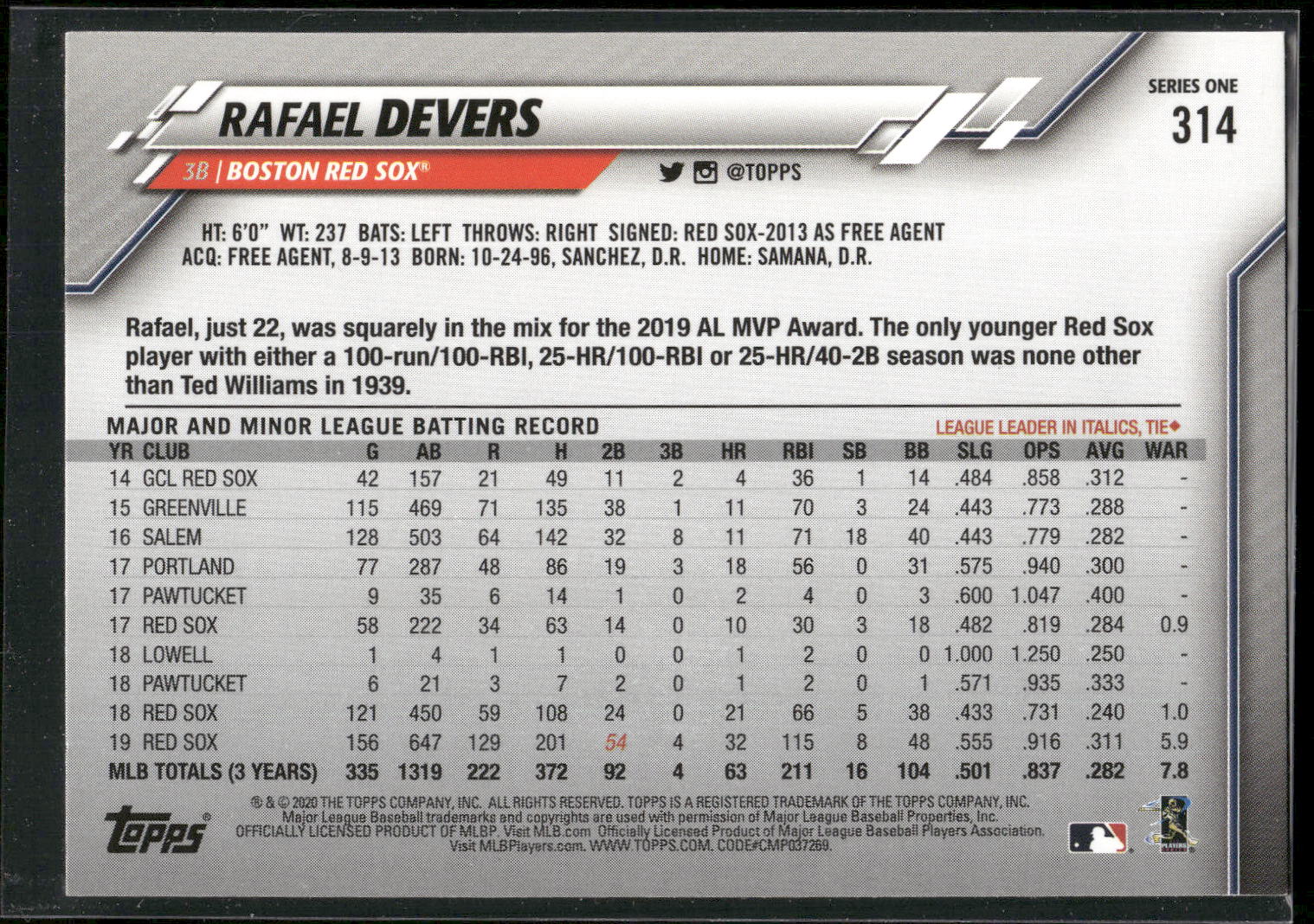 2020 Topps #314 Rafael Devers