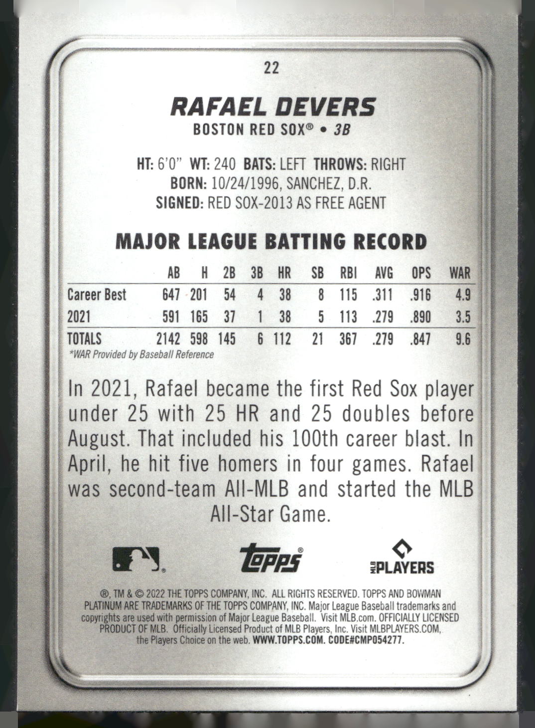 2022 Bowman Platinum #22 Rafael Devers