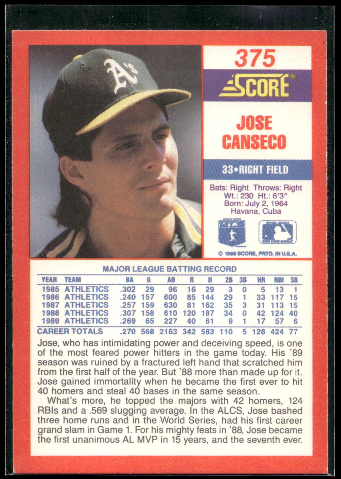 1990 Score #375 Jose Canseco