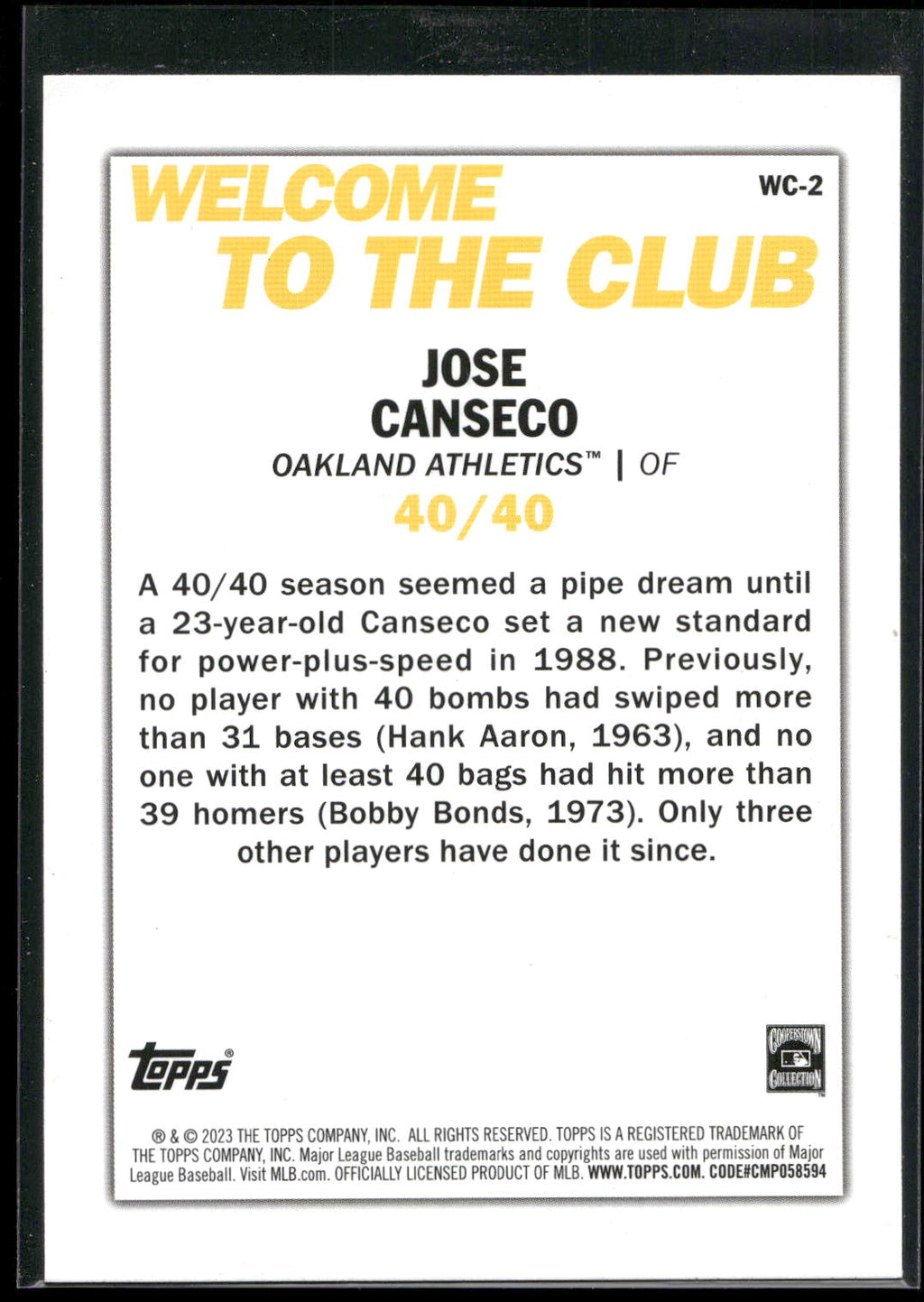 2023 Topps #WC-2 Jose Canseco Welcome to the Club