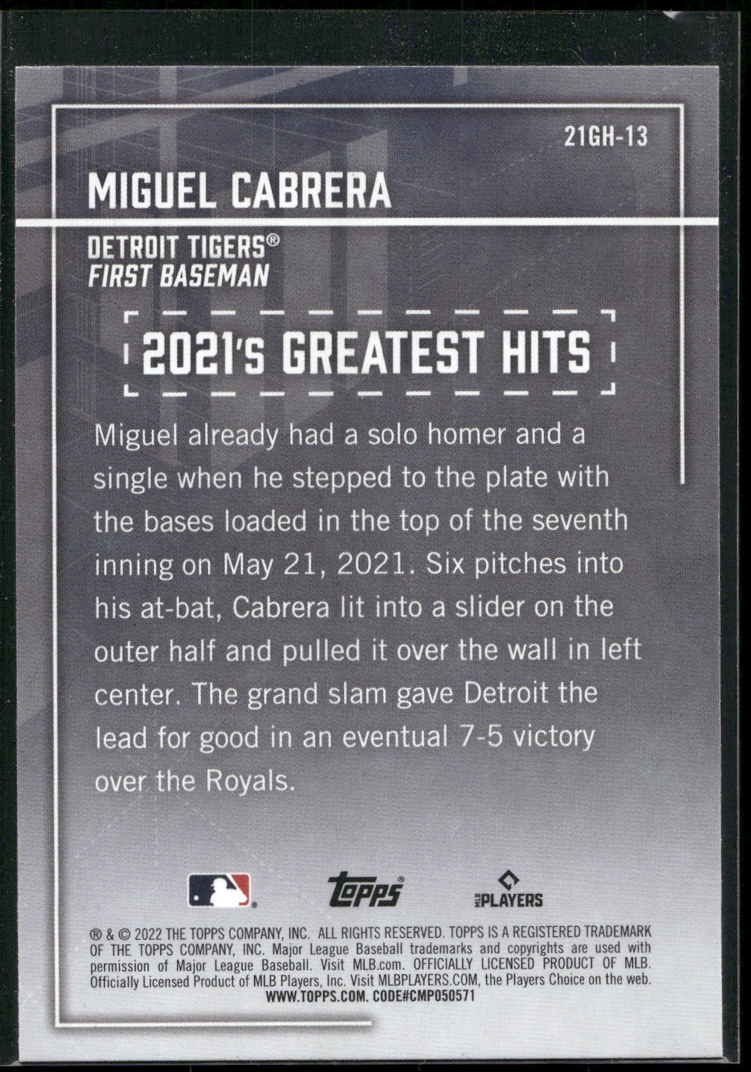 2022 Topps #21GH-13 Miguel Cabrera 2021's Greatest Hits