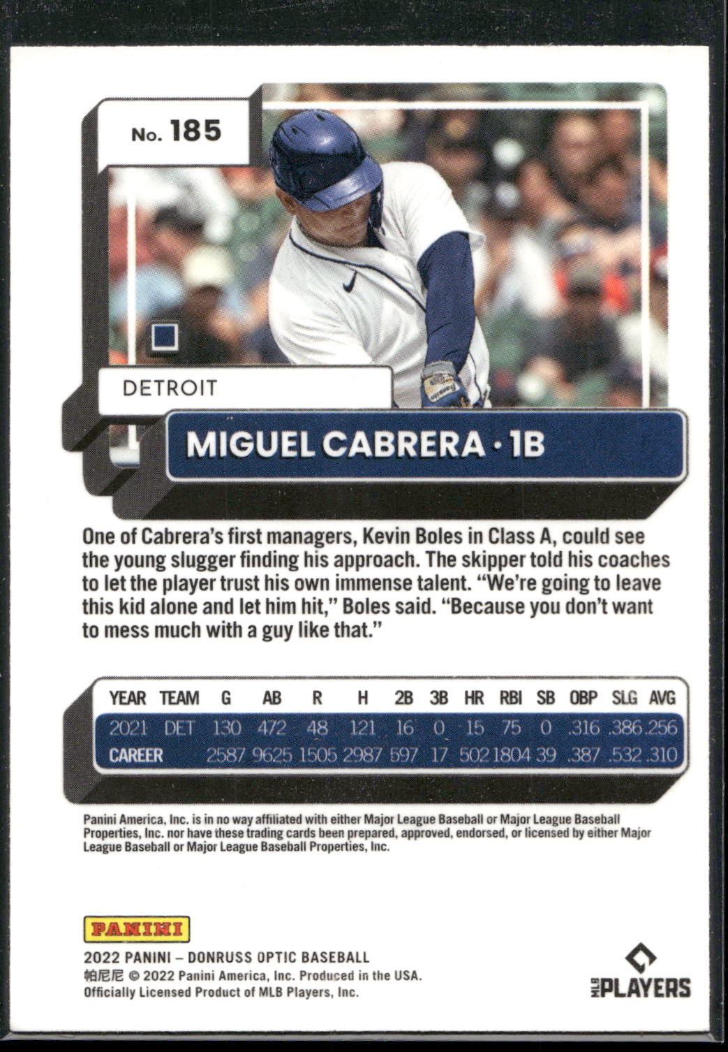2022 Donruss Optic #185 Miguel Cabrera