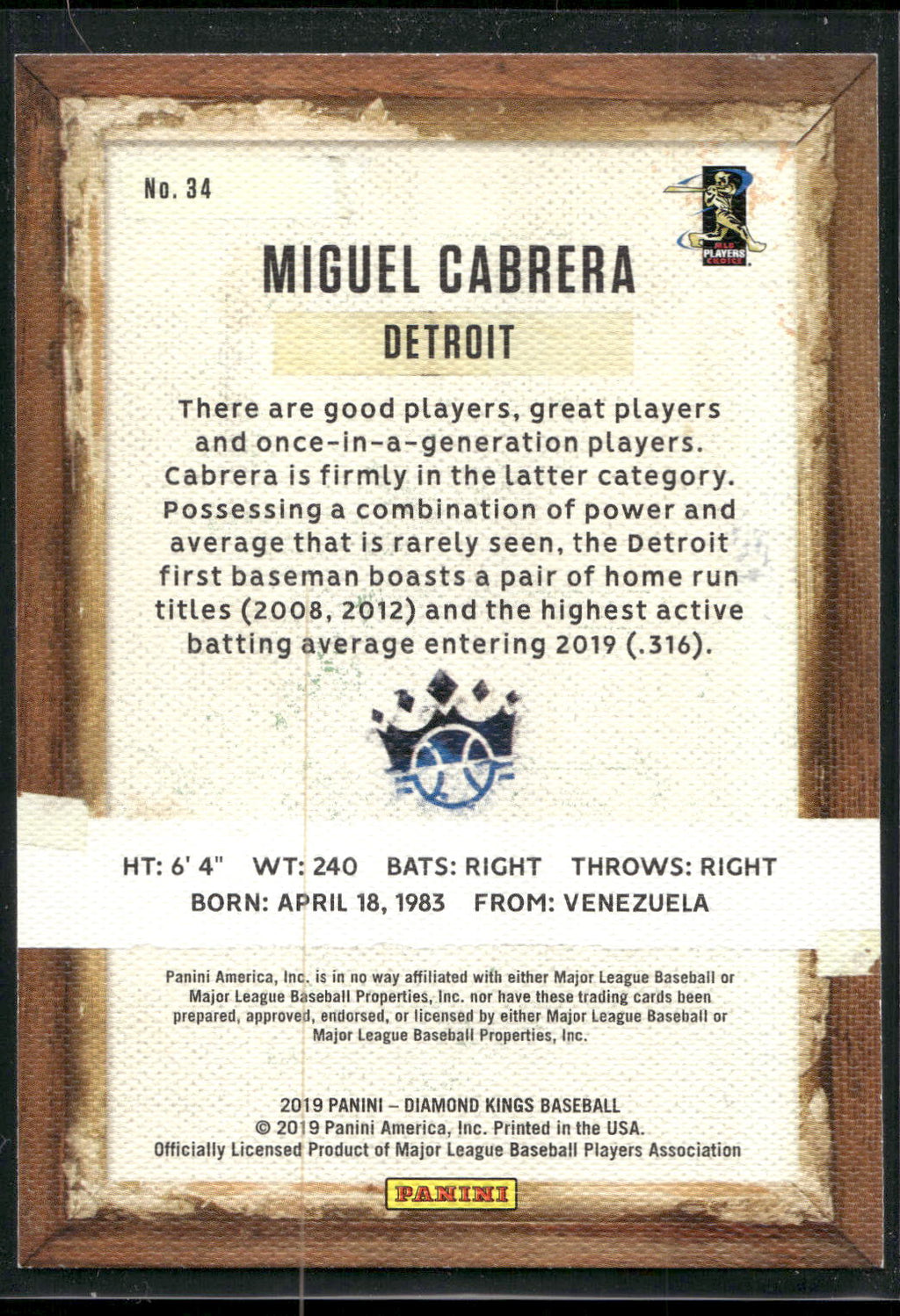 2019 Panini Diamond Kings #34 Miguel Cabrera