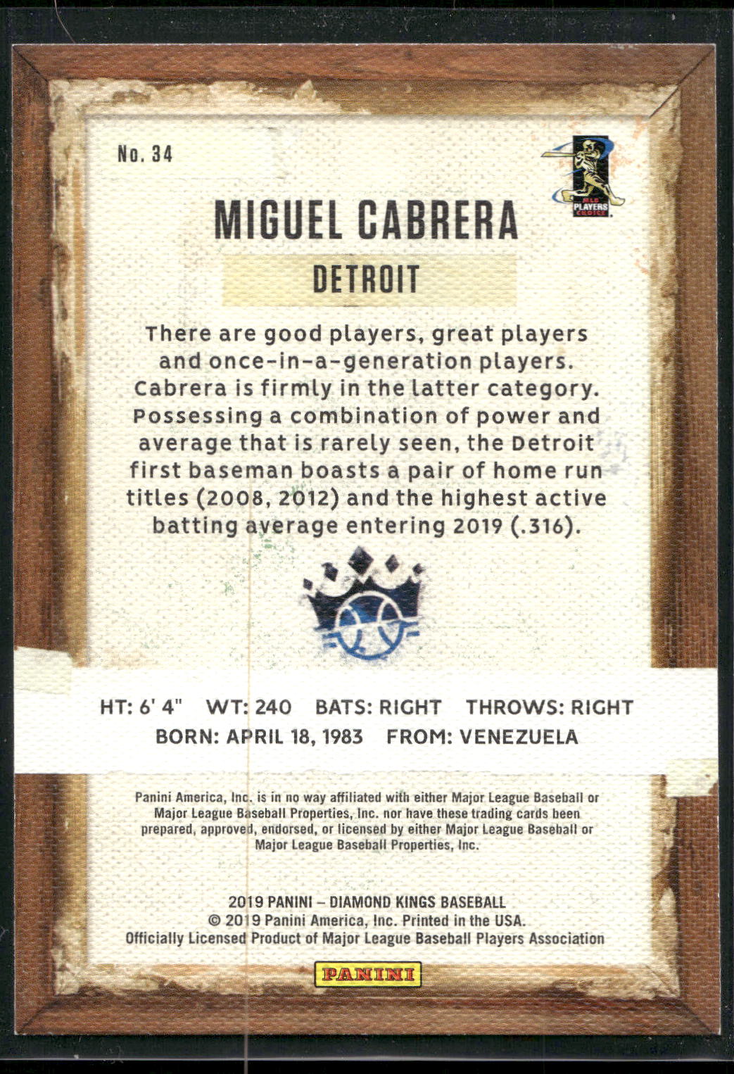 2019 Panini Diamond Kings #34 Miguel Cabrera