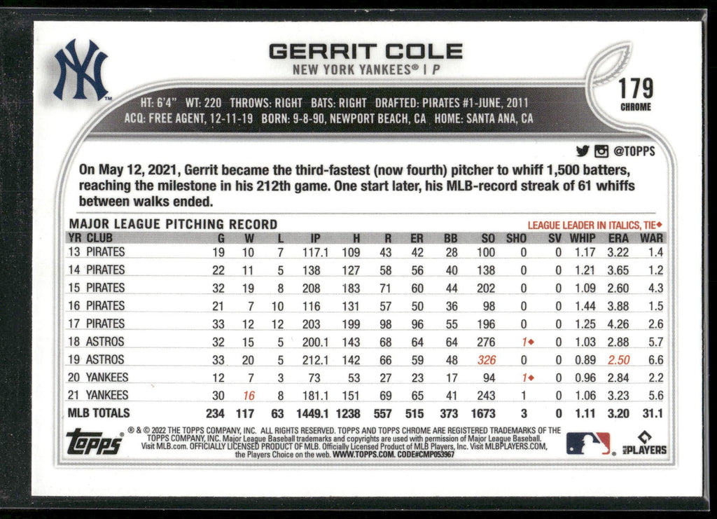 2022 Topps Chrome #179 Gerrit Cole